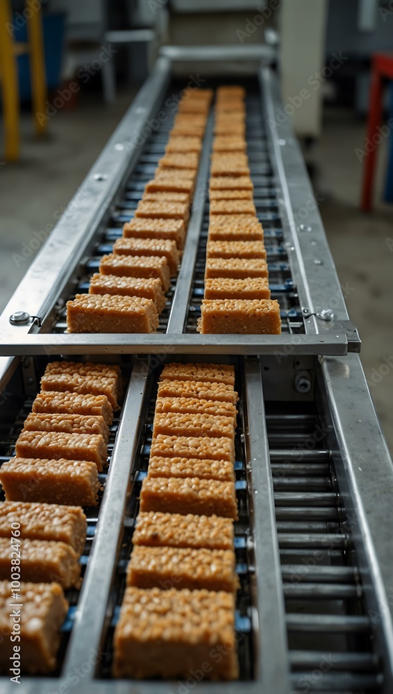 Conveyor belt processing snack bars in a modern factory. Conveyor belt processing snack bars in a modern factory.