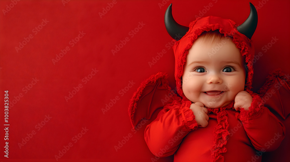 joyful baby in red devil costume with horns and wings smiles adorably against vibrant red background, radiating playful charm and innocence joyful baby in red devil costume with horns and wings smiles adorably against vibrant red background, radiating playful charm and innocence