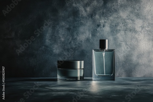 Elegant display of men's fragrance and skincare products on a dark textured surface