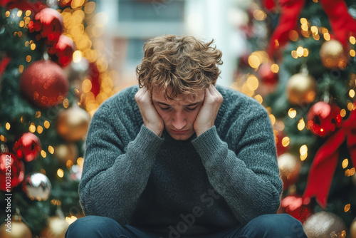 Young man feeling down, holding his head in his hands, surrounded by christmas decorations