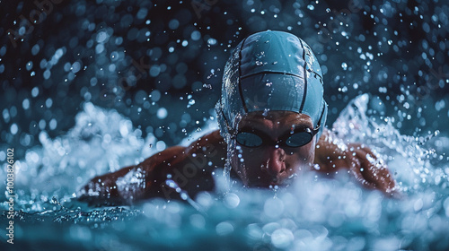 A committed triathlete trains rigorously at night in freezing water, displaying dedication and resilience for an upcoming swim competition