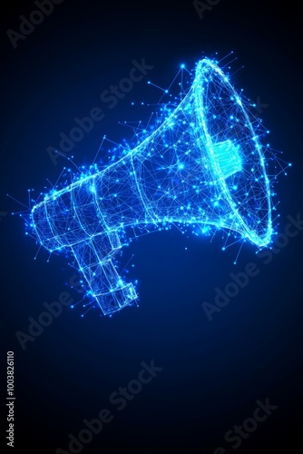 Digital Megaphone on Blue Background Abstract Symbol of Announcement and Communication