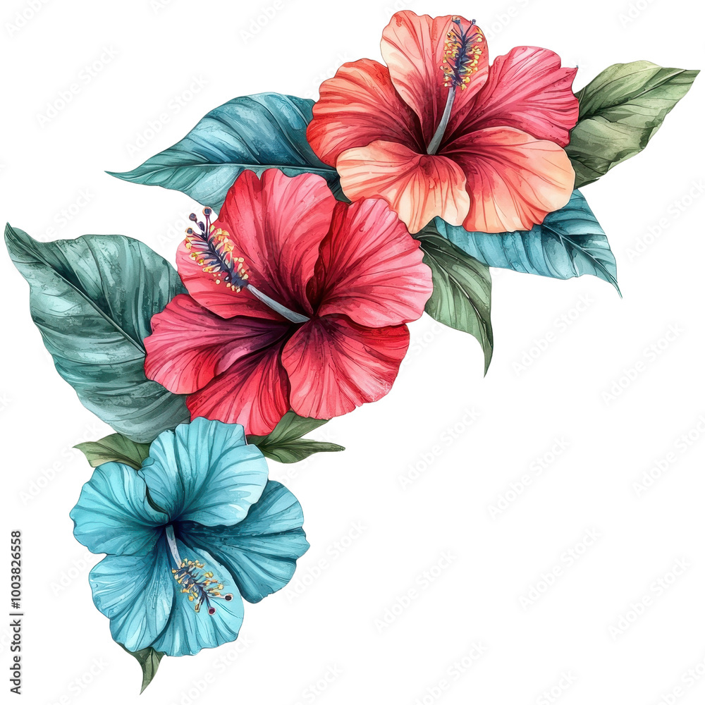 Colorful hibiscus flowers with lush green leaves isolated on a white background. Colorful hibiscus flowers with lush green leaves isolated on a white background.