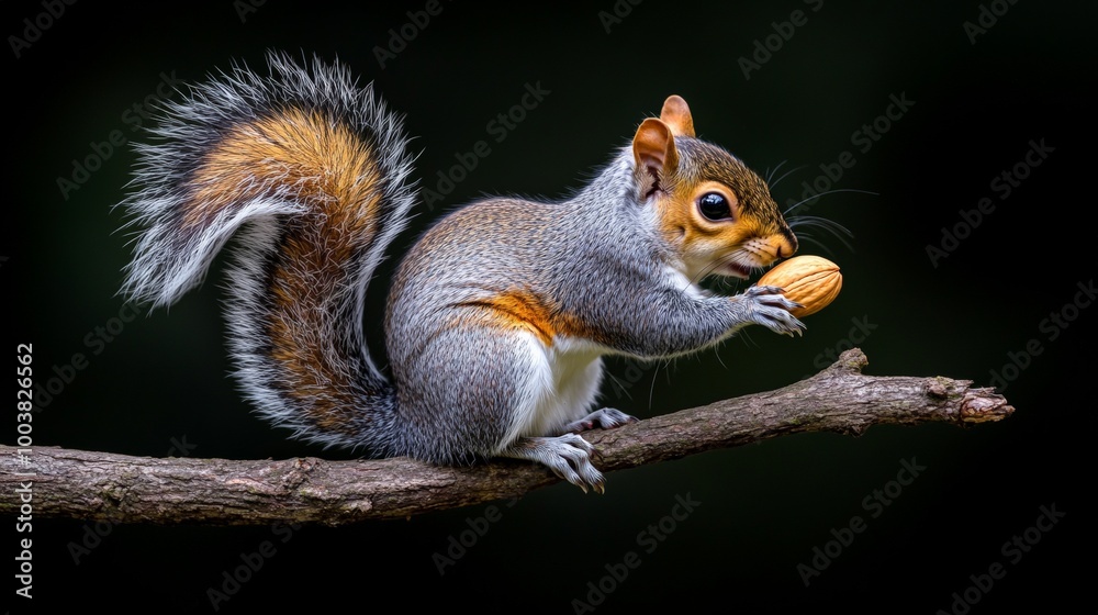 Squirrel's Delight: A captivating close-up of an adorable grey squirrel perched on a branch, delicately enjoying a peanut against a dramatic dark background. Squirrel's Delight: A captivating close-up of an adorable grey squirrel perched on a branch, delicately enjoying a peanut against a dramatic dark background.