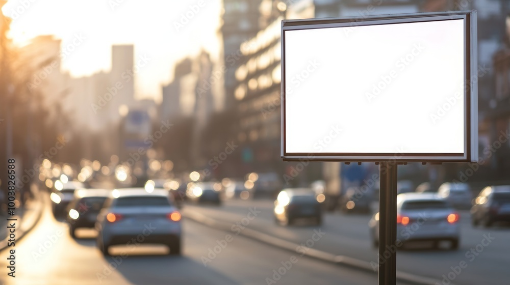 A blank billboard stands beside a busy road during sunset, highlighting urban life. A blank billboard stands beside a busy road during sunset, highlighting urban life.