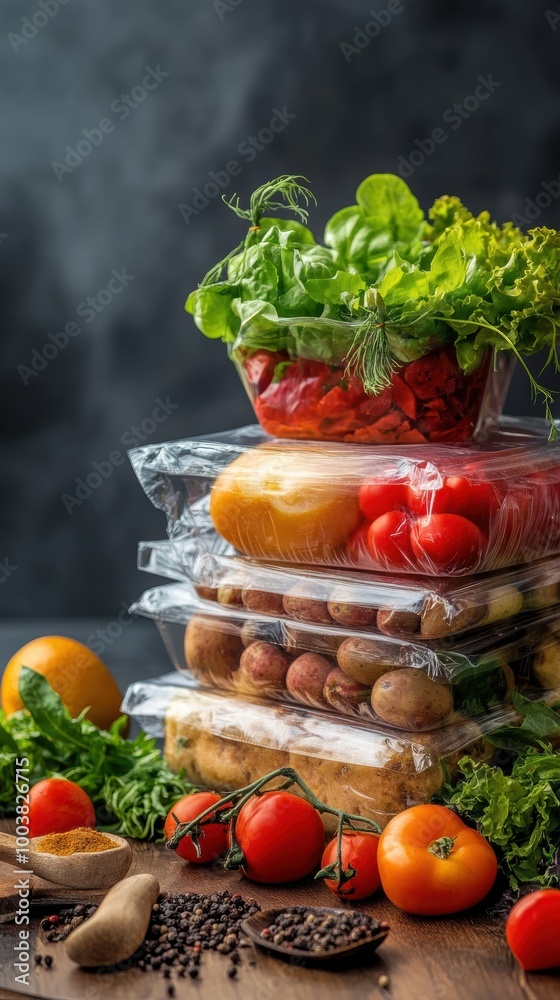 Fresh vegetables and fruits in plastic packaging on a wooden table with a dark background. Fresh vegetables and fruits in plastic packaging on a wooden table with a dark background.