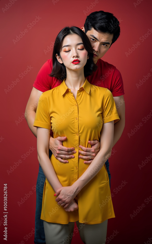 Naklejka premium An Asian couple, a man hugs his wife tenderly. Both are wearing jeans, she is wearing a yellow button-down shirt, and he is wearing a red shirt