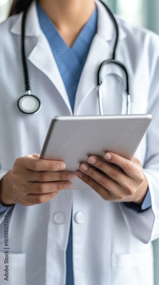 Healthcare professional holding a tablet in a clinical setting. Healthcare professional holding a tablet in a clinical setting.