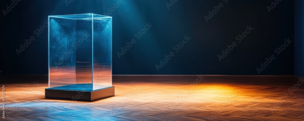 Illuminated glass display case in a dark room, highlighting its unique design and craftsmanship. Illuminated glass display case in a dark room, highlighting its unique design and craftsmanship.