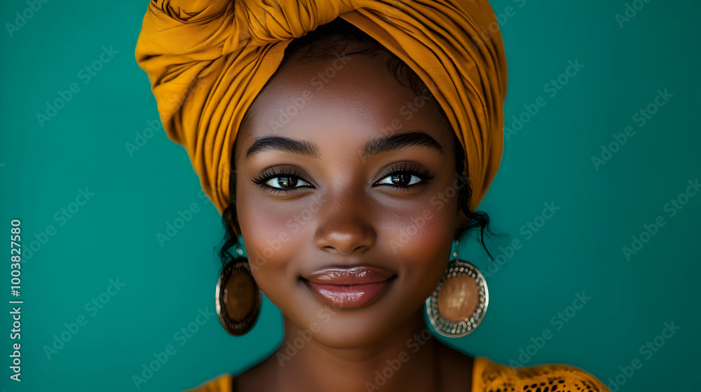 Woman with Headscarf and Earrings Smiling Confidently, Style and Fashion Woman with Headscarf and Earrings Smiling Confidently, Style and Fashion