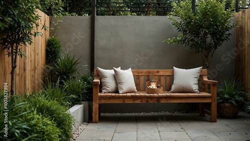 Cozy outdoor oasis with a wooden bench and greenery