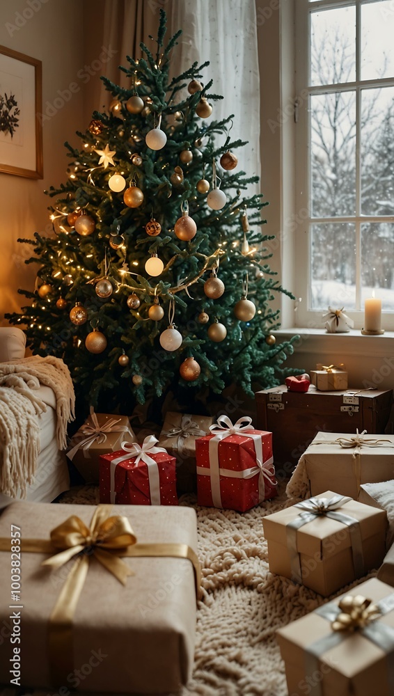Cozy winter afternoon by a Christmas tree adorned with decorations and gifts by the window. Cozy winter afternoon by a Christmas tree adorned with decorations and gifts by the window.