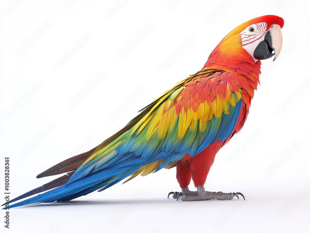 Fototapeta premium Colorful parrot with vibrant feathers, white isolated background.