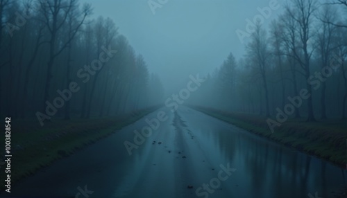 Misty deserted road surrounded by trees reflecting in wet pavement in a moody atmosphere