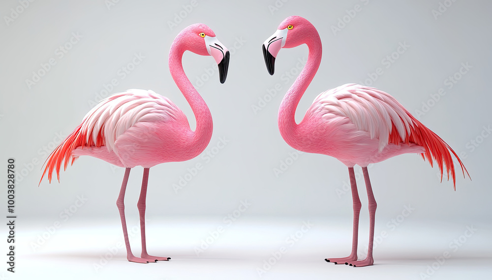 Obraz premium Two vibrant pink flamingos facing each other on a white isolated background.