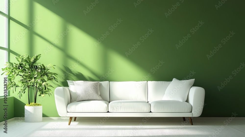 Modern Minimalist Living Room with White Sofa and Green Accent Wall in Sunlit Space Modern Minimalist Living Room with White Sofa and Green Accent Wall in Sunlit Space