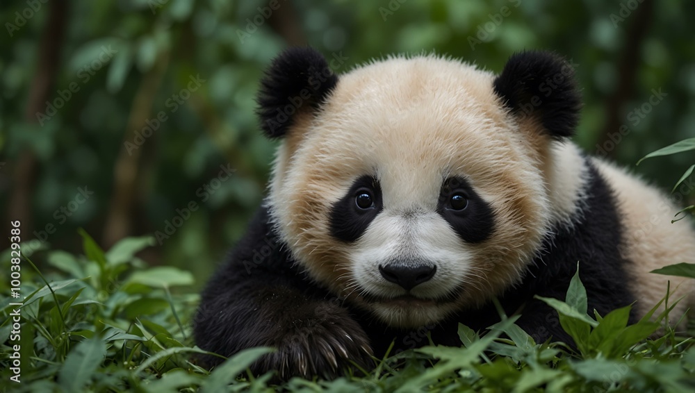 Cute panda cub relaxing among green leaves Cute panda cub relaxing among green leaves