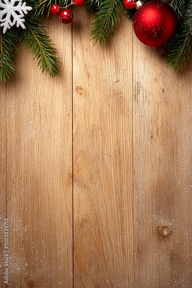 A tight shot of a wooden table adorned with Christmas décor atop, and a solitary snowflake gracing its base A tight shot of a wooden table adorned with Christmas décor atop, and a solitary snowflake gracing its base
