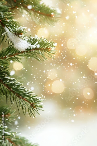  A tight shot of a pine tree branch dotted with snowflakes, against a backdrop of softly glowing holiday lights