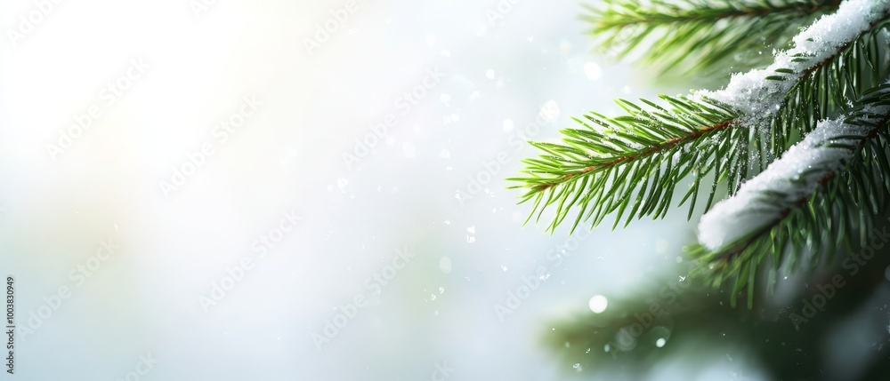 Obraz premium A pine branch in focus, adorned with melting snow, against a softly blurred backdrop of a winter sky