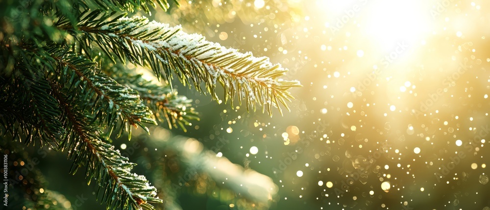  A pine tree branch in close-up, sun rays filtering through, snowflakes adorning the limbs