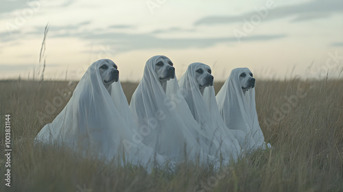 Four dogs in ghost costumes sitting in field, creating whimsical scene