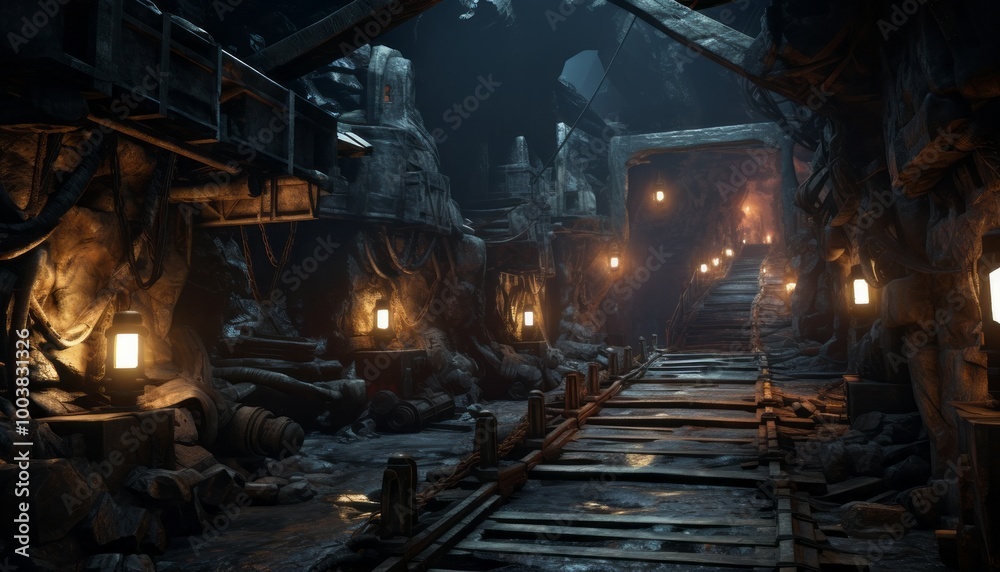 Inside a gloomy and dark tunnel, there lies a train track illuminated by softly glowing lanterns positioned along its sides Inside a gloomy and dark tunnel, there lies a train track illuminated by softly glowing lanterns positioned along its sides
