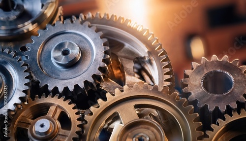 Mechanism, gears and cogs at work. Industrial machinery 