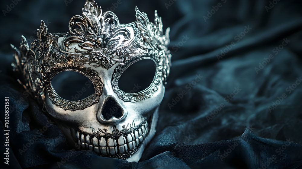 Naklejka premium Elaborate silver skull mask on dark background evokes mysterious atmosphere