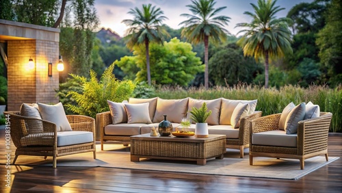 Chic rattan furniture collection perfect for contemporary indoor and outdoor areas, complete with luxurious plush