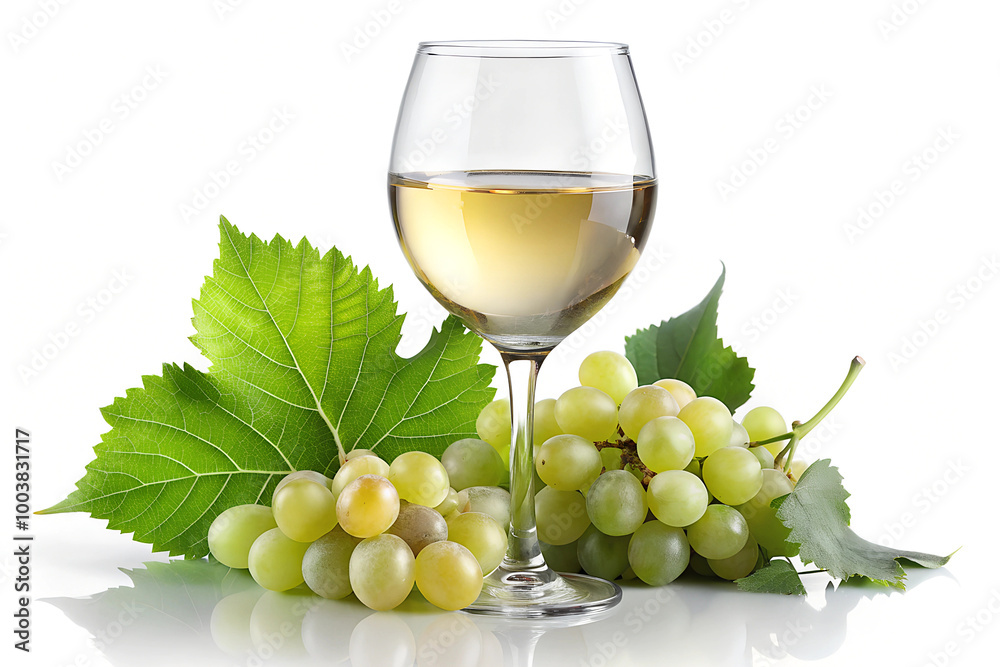 Glass of white wine with green grape fruit and leaves isolated on white background. Glass of white wine with green grape fruit and leaves isolated on white background.