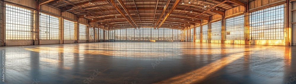 Spacious Industrial Warehouse Interior with Large Windows and Sunlight Streaming Through Spacious Industrial Warehouse Interior with Large Windows and Sunlight Streaming Through