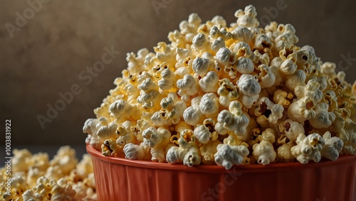 Detailed close-up of a textured popcorn bucket against a neutral backdrop.