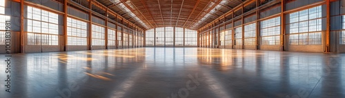 Spacious Industrial Warehouse Interior with Large Windows and High Ceilings