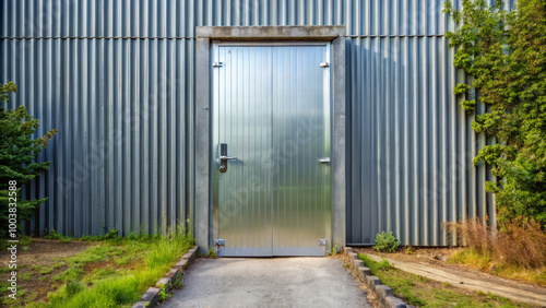 steel door stands firmly, blocking path ahead, surrounded by textured metal wall and greenery. This image captures sense of enclosure and security