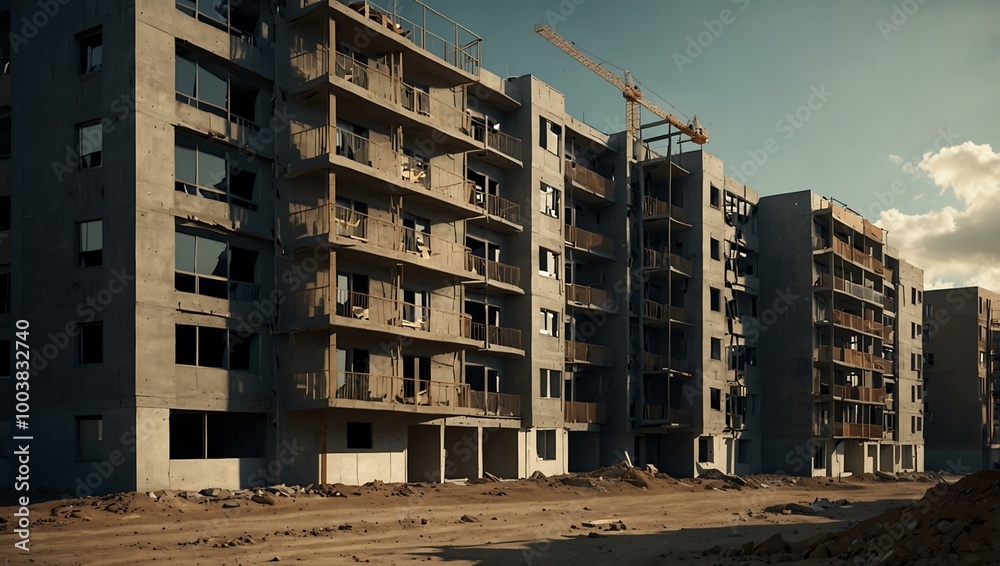Digital illustration of an apartment building under construction. Digital illustration of an apartment building under construction.