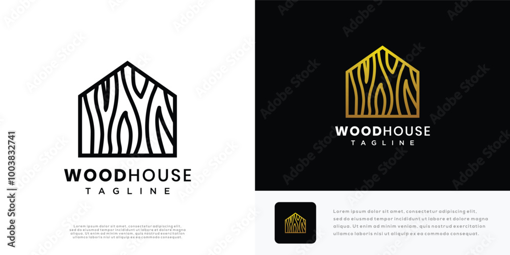Fototapeta premium Wooden house logo design vector illustration. House wood grain texture logo icon.