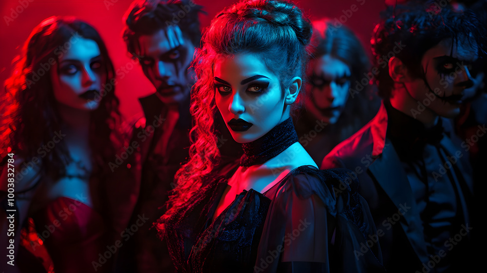 Obraz premium Vampire themed group in dramatic costumes with striking makeup and lighting