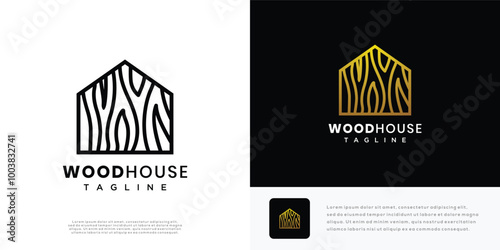 Wooden house logo design vector illustration. House wood grain texture logo icon.