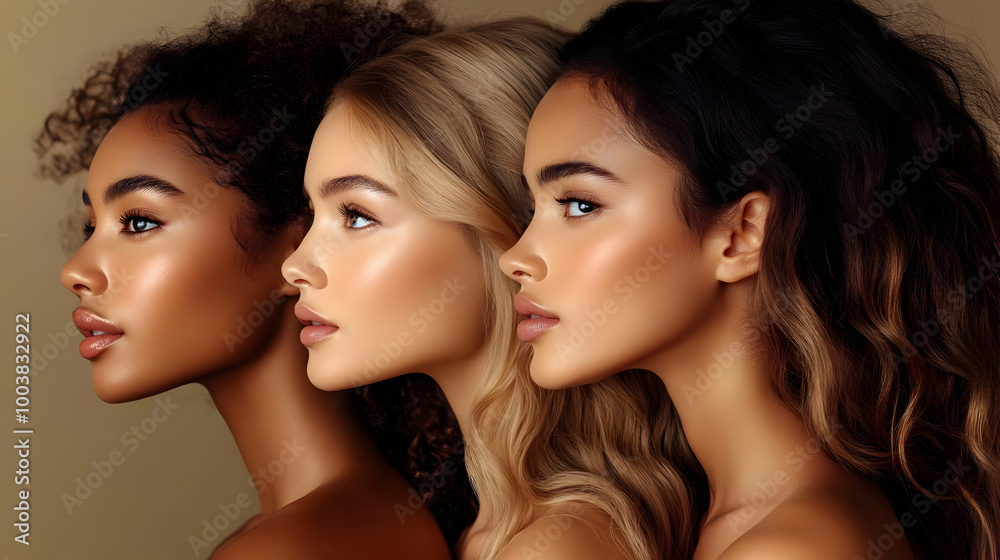 Three Women with Different Hair Colors and Skin Tones Looking to the Side Three Women with Different Hair Colors and Skin Tones Looking to the Side