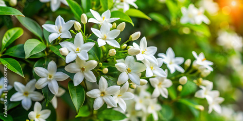 White jasmine flowers bloom beautifully in lush garden, creating serene and fragrant atmosphere. Their delicate petals and vibrant green leaves enhance natural beauty of surroundings