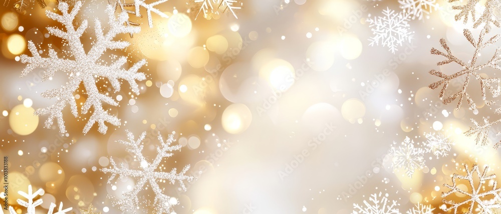   snowflakes against a golden-white background with a focus on individual snowflakes