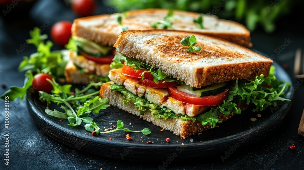 Fresh and Delicious Grilled Chicken Sandwich with Vegetables on a Black Plate