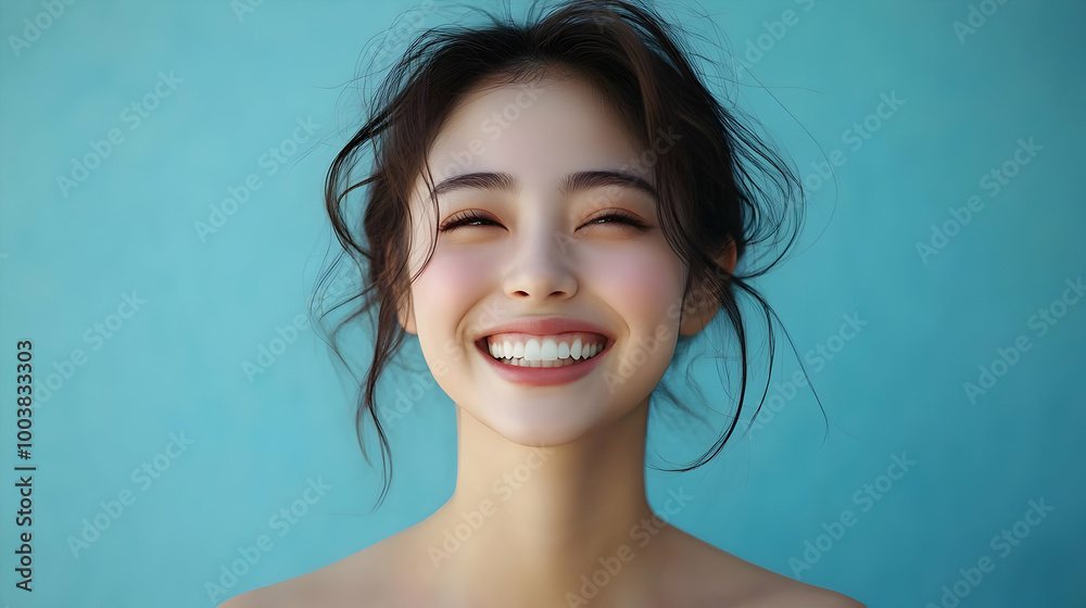 Smiling Woman with White Teeth in Front of a Blue Wall Smiling Woman with White Teeth in Front of a Blue Wall