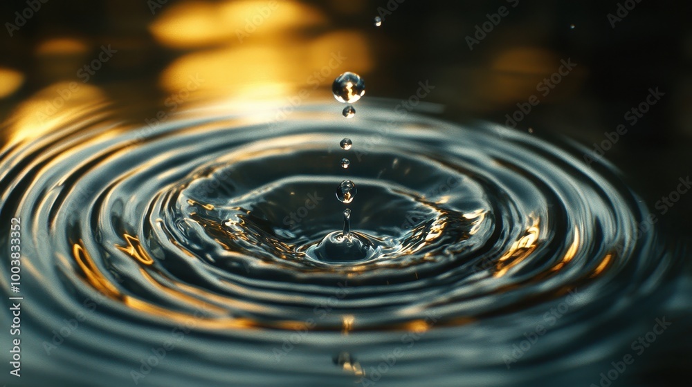 Close-Up of Water Droplet Creating Ripples in a Calm Pond with Golden Reflections at Sunset Close-Up of Water Droplet Creating Ripples in a Calm Pond with Golden Reflections at Sunset