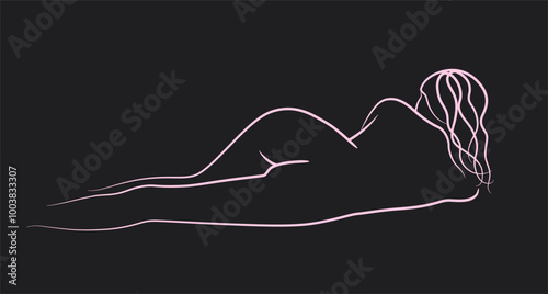 Beautiful Woman Silhouette. Black background. Beauty logo. Sexy fitness figure. Lady poses drawn in vector lines. Vector illustration