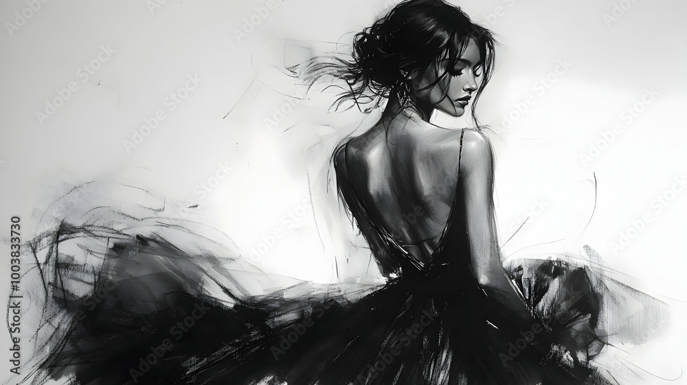 Elegant Charcoal Sketch of a Woman in a Flowing Dress Elegant Charcoal Sketch of a Woman in a Flowing Dress