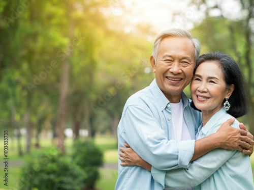 senior couple embracing and looking at the camera in the park