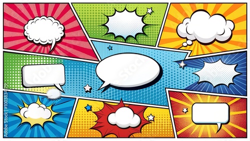 Comic books dialog bubbles. Cartoon book superhero scrapbook page template