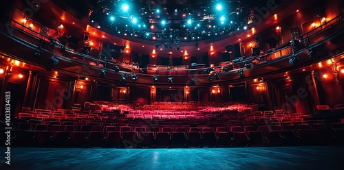 Empty stage in a theater with red seats and spotlights. photo